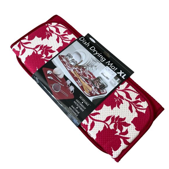 The ORIGINAL Dish Drying Mat XL Holiday Red & White Fall Floral Decor 18x24 NEW - Picture 2 of 15